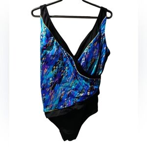 Blue and Black Women's One Piece Swimsuit